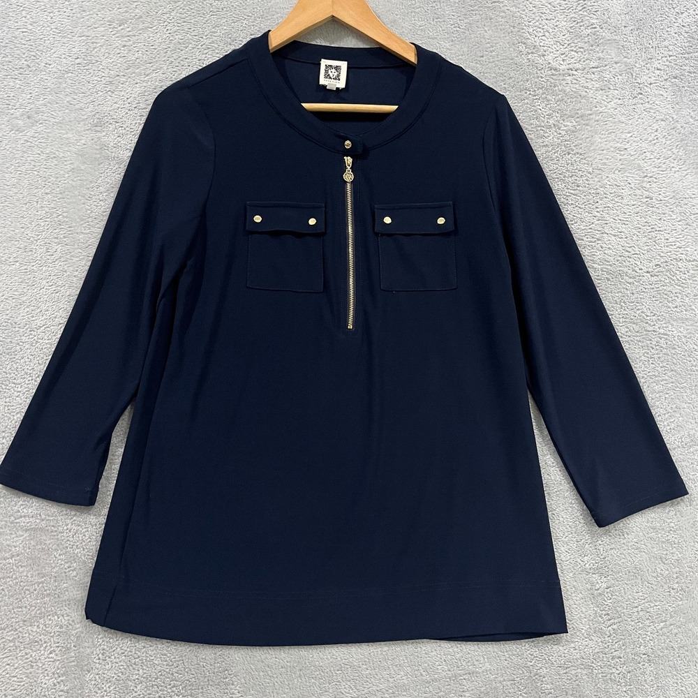 Anne Klein Women's Navy 1/4 Zip Pullover Blouse Tunic Gold Tone Hardware Small